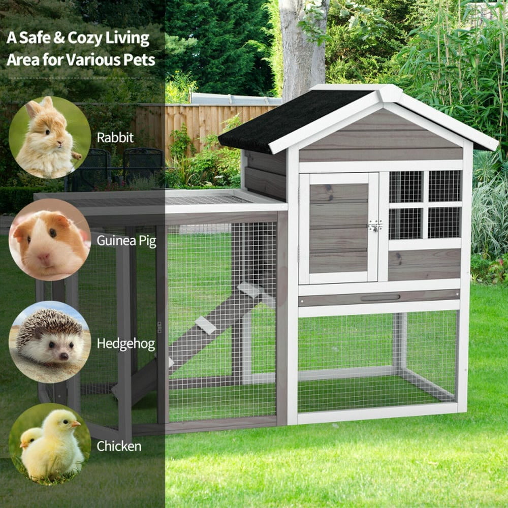 Spaco 2-Story Wooden Rabbit Hutch with Running Area-Gray,Wooden Outdoor Shelter, Weatherproof Pet Home, Ideal for Cats, Rabbits, Bunnies, Guinea Pigs