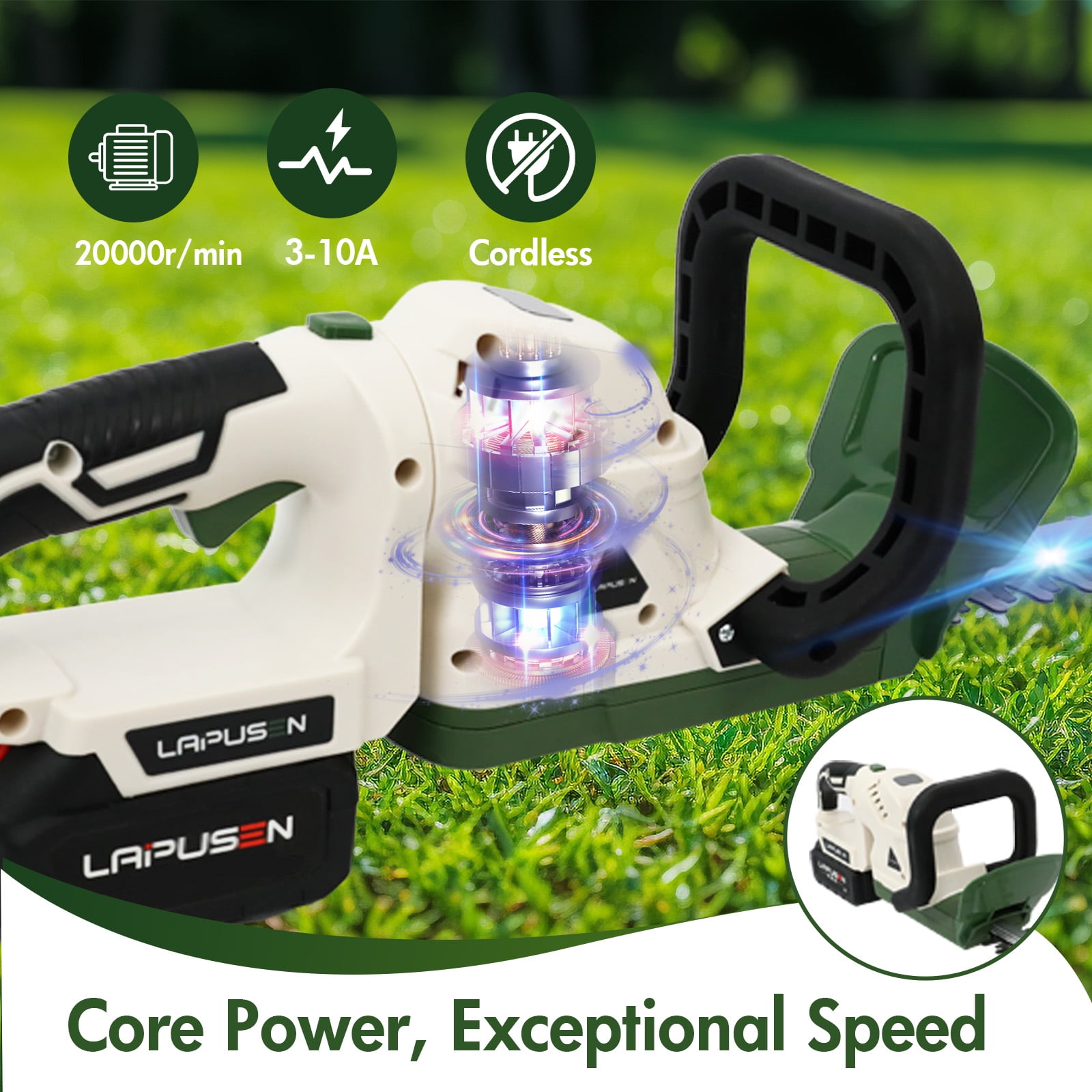 TOPZOO 21V Cordless Rotary Trimmer, 20" Dual-Action Blade Electric Hedge Trimmer, Handheld Shrub Trimmer with 3.0Ah Battery and Fast Charger