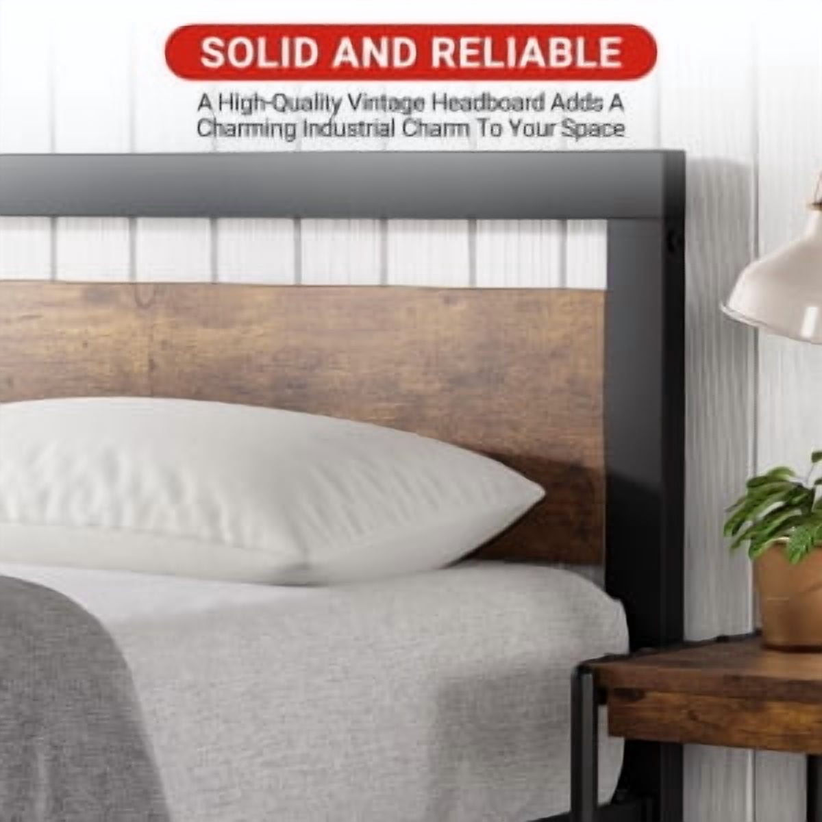 Historyli Bed Frame, King Size, 14 Inch, Industrial, with Headboard, No Box Spring Needed, Retro Brown