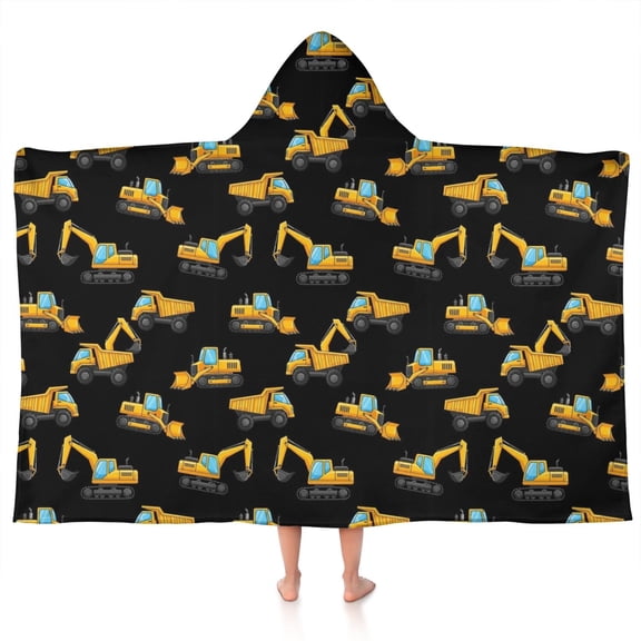 Cartoon Construction Vehicles Trucks Black Pattern Hooded Bath Towel,50"x30" for Ages 3 To 12 Kids, Quick Dry Lightweight Soft Microfiber Hood Beach Towel Cover Up for Kids