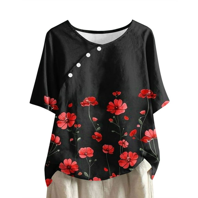 Tops de Lino para Mujeres Imprimir Suéter Cuello Redondo Manga Corta Superior Poliéster, Blusa de Moda Casual para la Primavera Y el Verano