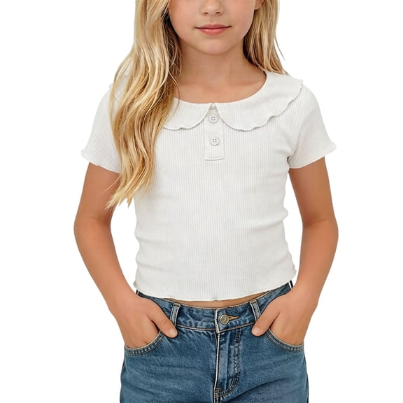 Zpanxa Girls T Shirts Ribbed Collar with Buttons Short Sleeve Breathable Solid Color Summer Top