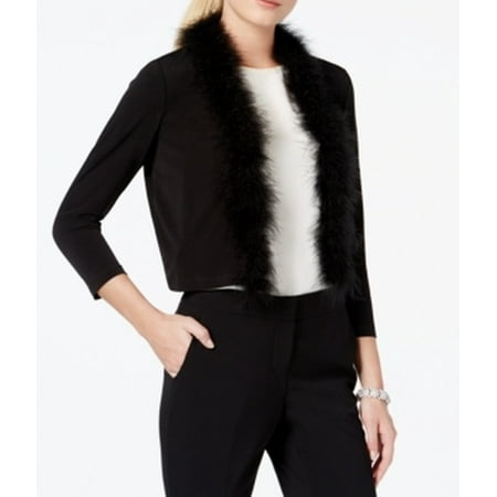 Calvin Klein NEW Black Womens Size PXS Petite Faux-Feather Trim Shrug
