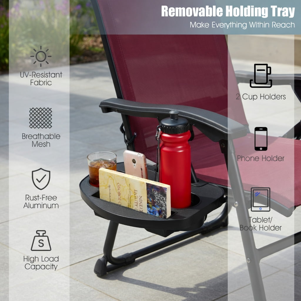 Hommoo 2-Pack Zero Gravity Folding Lounge Chairs with Adjustable Headrest & Removable Tray, Breathable Waterproof Fabric, Dark Red
