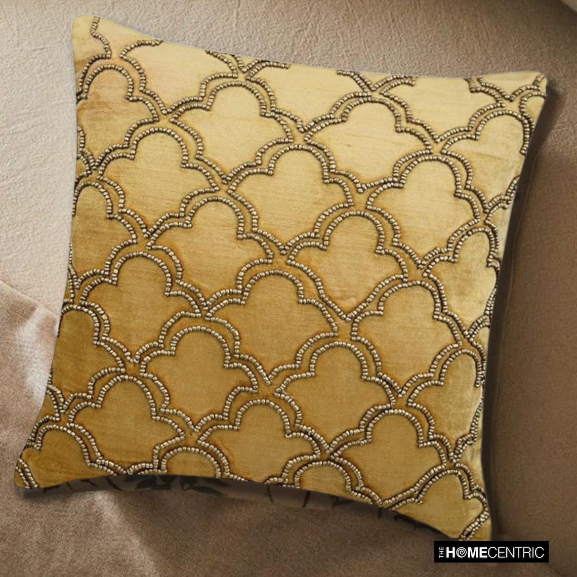 The HomeCentric Gold Cushion Covers, Gold Beaded Lattice Trellis Turkish Pillows Cover, Pack of 2, 14x14 inch (35x35 cm) Pillow Case, Square Velvet Throw Pillows Cover, Geometric Art - Gold Jewel