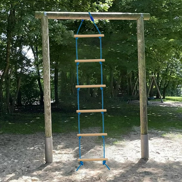 Climbing Rope Ladder with 6-Section Straps for Playground Balance Outdoor  Wooden blue and wooden 