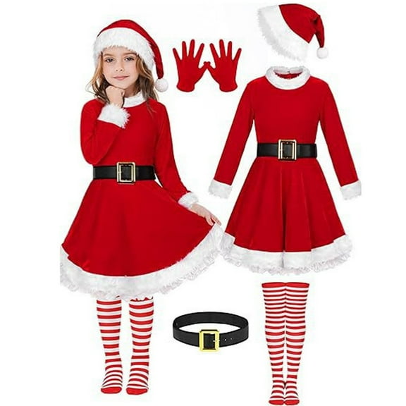 SuTry Girls Solid Color Christmas Dress Set with Hat Gloves Socks Belt Plush Holiday Party Outfit Funny Christmas Clothing for Kids 3-11 Years(Red,4-5 Years)