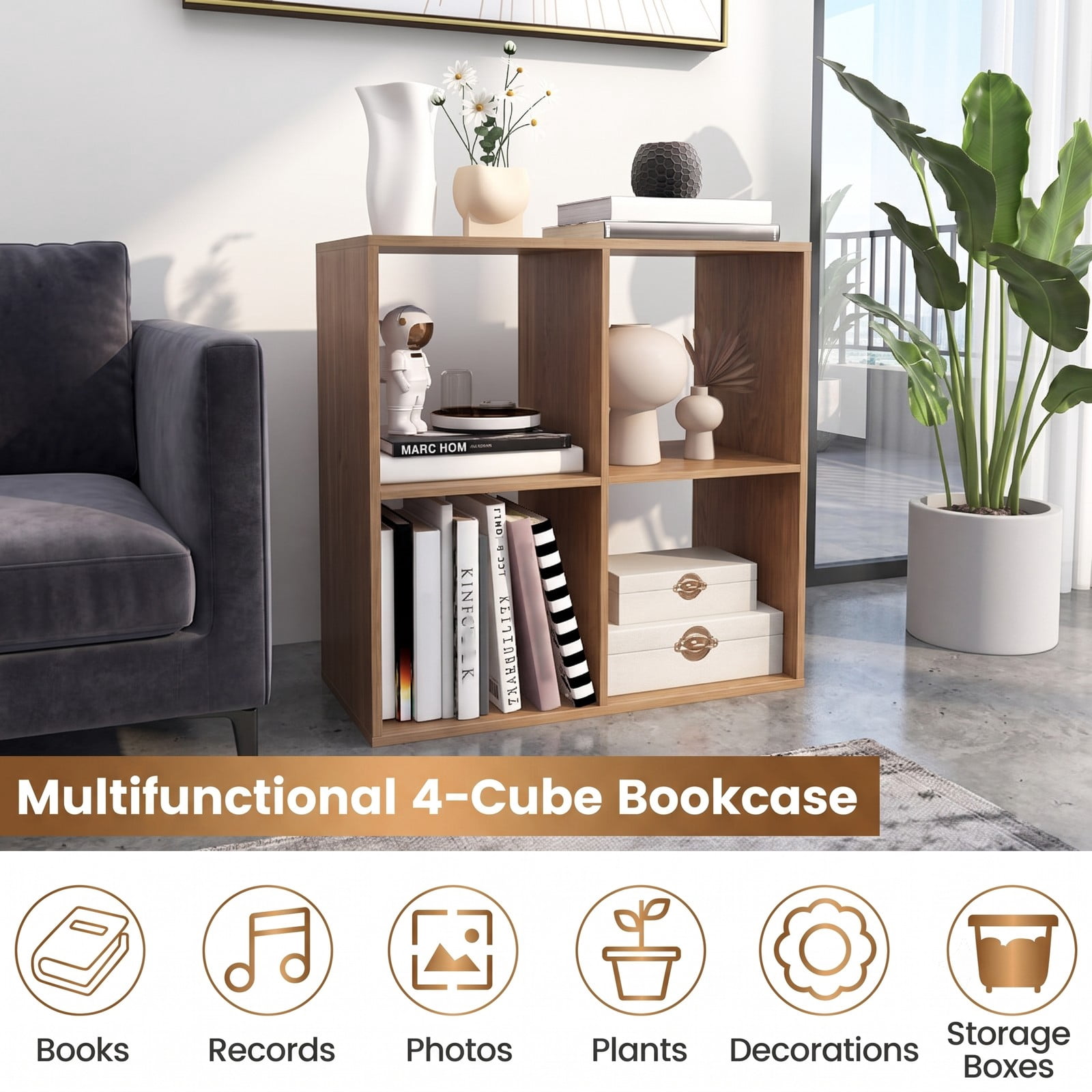 Furnibear 4 Cube Bookshelf, Wood Cube Storage Organizer Bookcase with Back Guardrail and Anti-Tip Kit for Living Room Bedroom Home Office, Natural