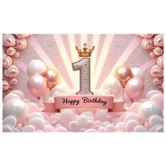 Pink Balloons Birthday Banner Glitter Number Floral Decor Celebration Background for First Birthday Children's Party