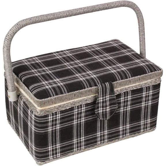 Sewing Basket with Floral Print Design - Sewing Kit Storage Box with Removable Tray, Built-in Pin Cushion and Interior Pocket - by Adolfo Design (Large - 12" x 9" x 6", Black Plaid