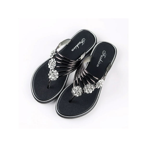 Woobling Women s Slippers Rhinestones Slides Backless Shoes Comfortable Flip Flops Lady Casual Slip On Flats Black 5