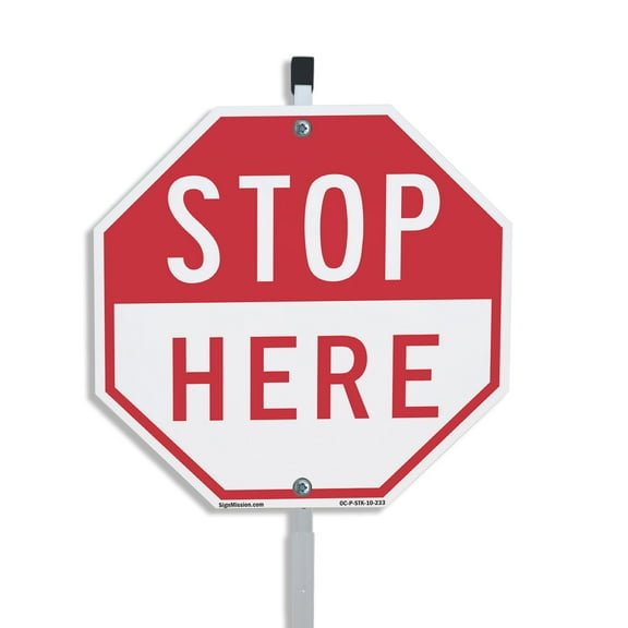 Stop Here 10 inch X 10 inch Octagon Plastic Sign with Aluminum Mounting Stake Weather Resistant UV Protected for Workplace Private Property and Construction Site Made in the USA