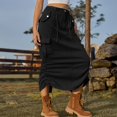 thumbnail image 5 of Defitshape Women's Long Denim Skirt Elastic High Waisted Western Summer Pleated Pocket Drawstring Back Split Drawstring Cargo Jean Skirts Black Medium, 5 of 5