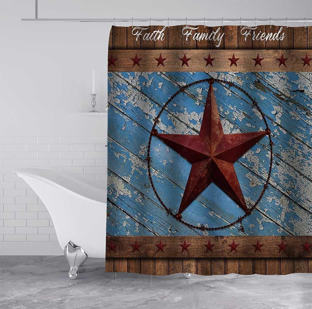 Texas Star Shower Curtain, Western Shower Curtain, Red Texas Star Lone Star Country Vintage Blue Wooden Board Rustic Farmhouse Bathroom Decor, Waterproof Fabric Shower Curtain, 72 X 72 Inch