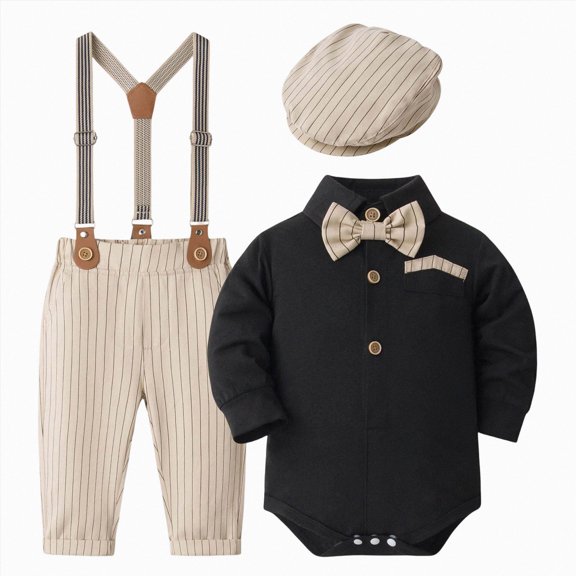 9 Months Infant Baby Boys 3Pcs Gentleman Suit Set With Hat Formal Dress Clothes Long Sleeve Long Sleeve Bow Romper Tops Suspender Pants Kids Gentleman Outfits Newborn Outfit Set,Blue
