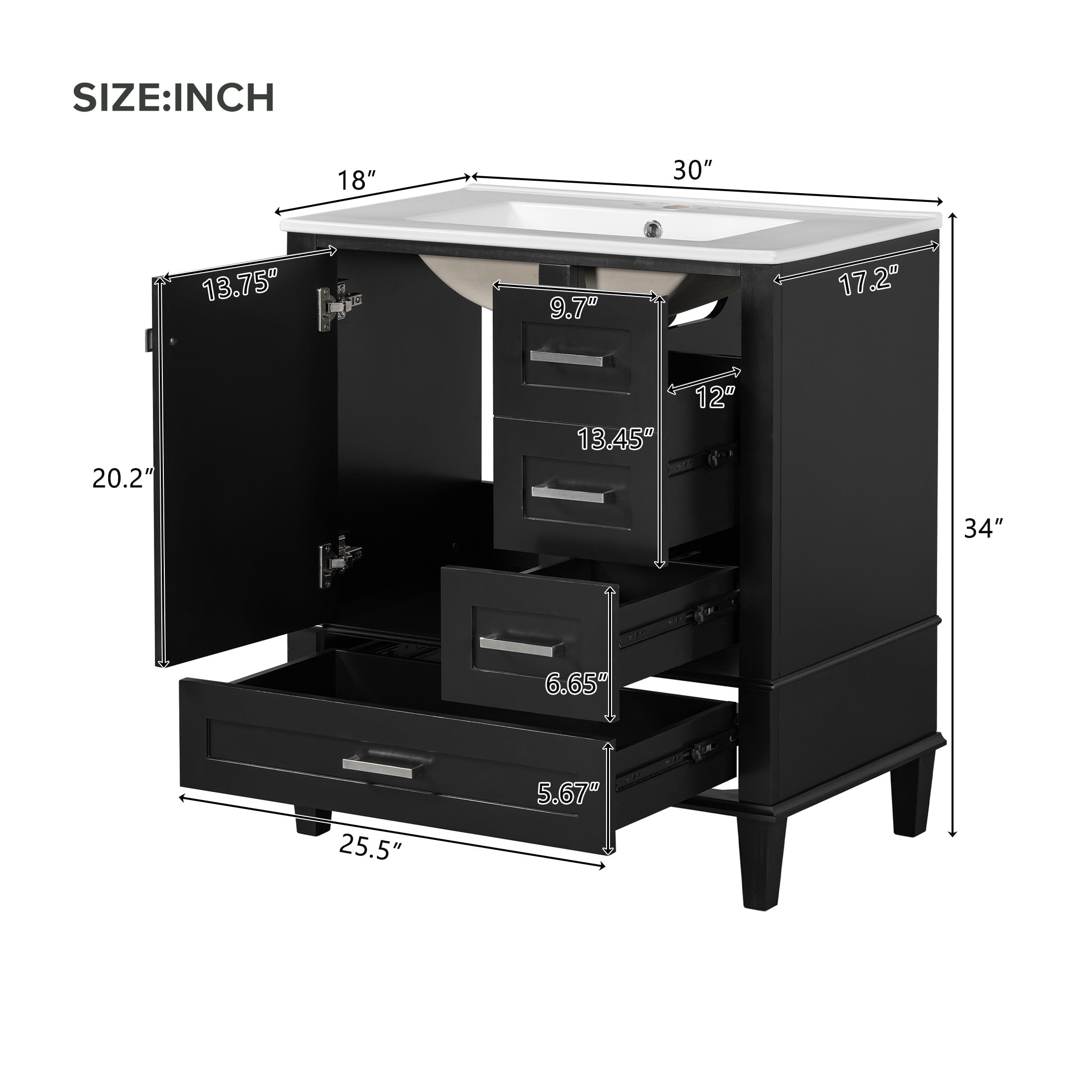 Nyveth Modern Bathroom Vanity with Ceramic Sink, Shelves, Drawers, Wood, Black
