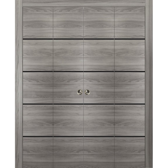 Sliding Closet Double Bi-fold Doors | Planum 0015 Ginger Ash with Frosted Glass | Sturdy Tracks Moldings Trims Hardware Set | Wood Solid Bedroom Wardrobe Doors