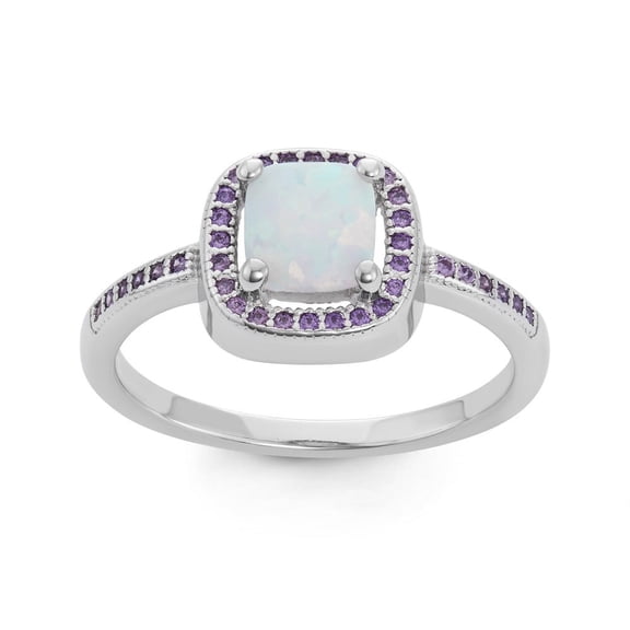 Daily Delight TheJewelryHut Designer Sterling Silver Square White Inlay Opal with Amethyst Micro Pave CZ Border Ring