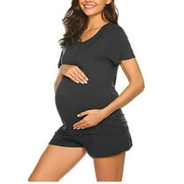 IROINNID Maternity Summer Clothes Set Plus Size T-shirt Shorts Two-piece Round Neck Suit Soild Color Pregnancy Clothes