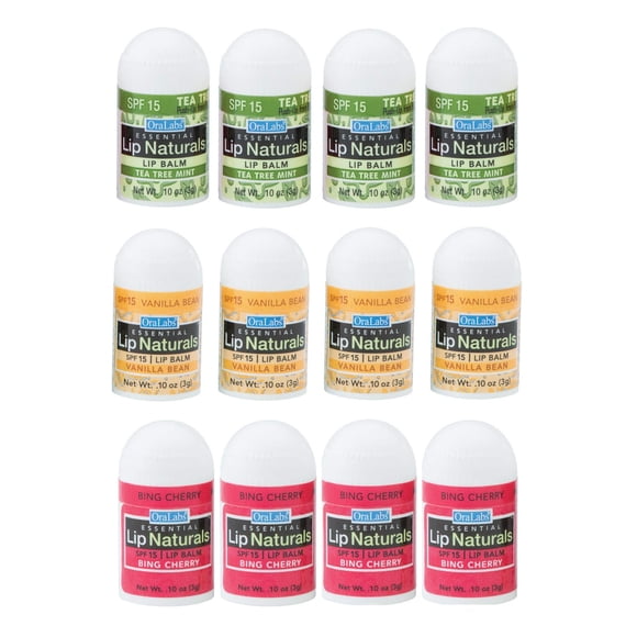 Productos naturales para labios | Mini bálsamos labiales surtidos con protector solar (SPF-15) | Fabricado en Estados Unidos | Paquete de 12 unidades con sabores de árbol de té de cereza Bing, menta y