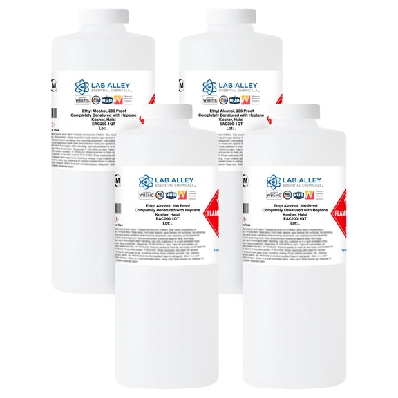 Lab Alley Ethanol 200 Proof (100%) Denatured with Heptane, Extraction Grade Solvent, Kosher & Halal Certified, Made in USA,1 Gallon Total (Pack of 4 x 1 Quart Bottles)