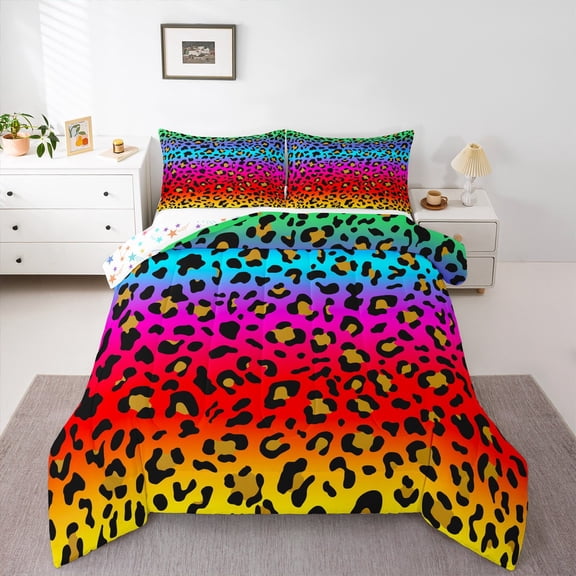 Rainbow Cheetah Comforter Leopard Print Bedding Queen for Teens Men Women Bedroom Colorful Tie Dye Bedding Sets & Collections Wildlife Animal Down Comforter Multicolor Striped Bedroom Decor 3pcs