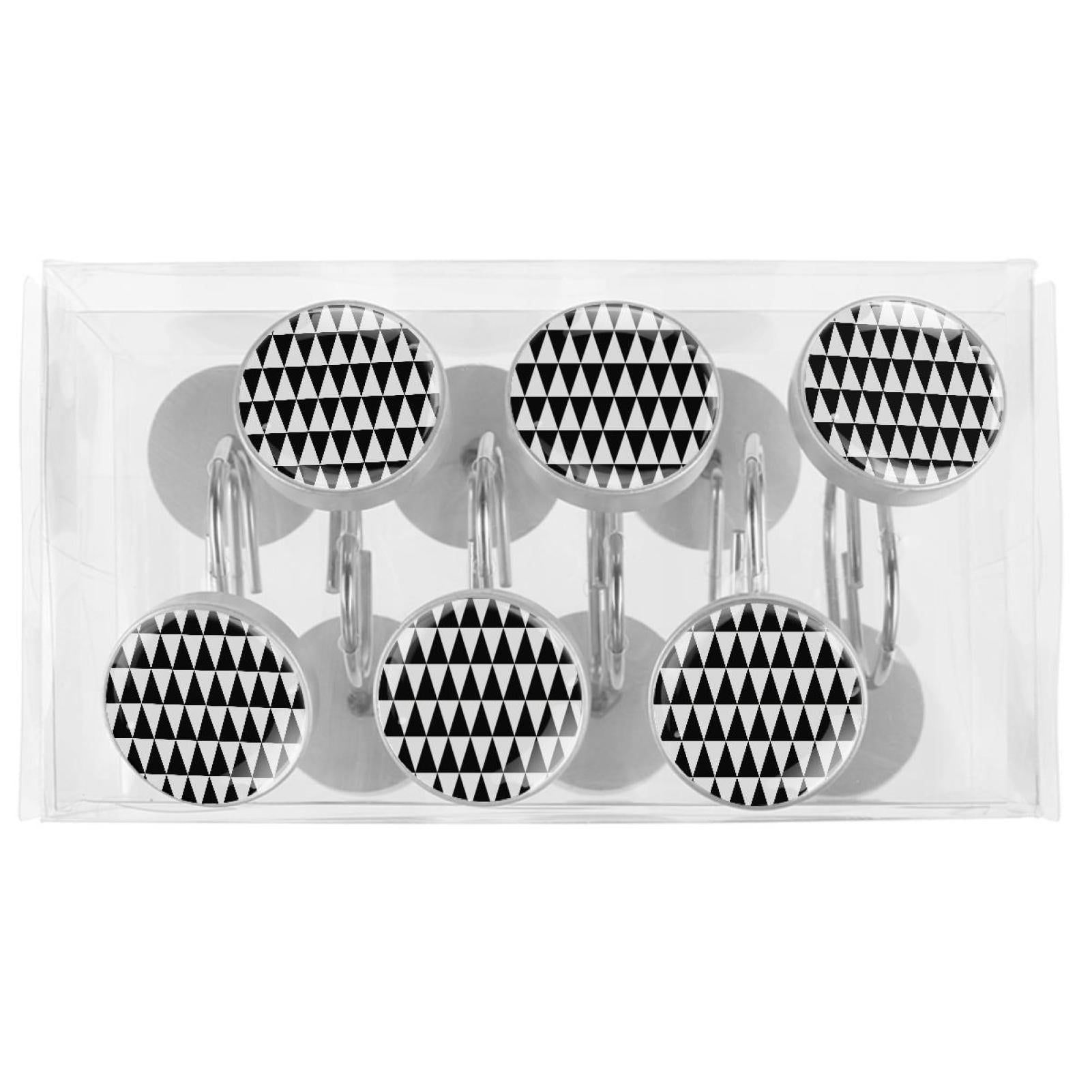Black White Chevron Shower Curtain Hooks（Set of 12）for Home Hotel Shower Rods Bathroom Crystal Glass Print Stainless Steel Round Curtain Hooks
