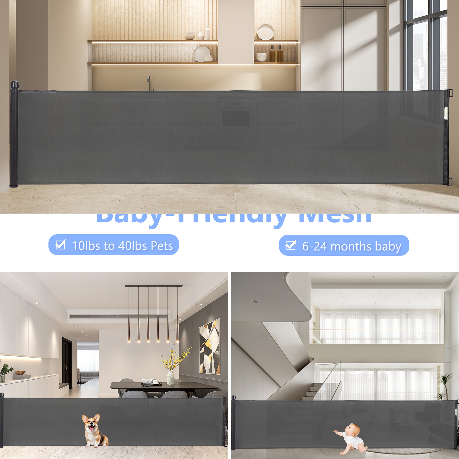 Retractable Baby Gate 35"x138" Extra Wide Mesh Dog Gate Child Safety Gate for Doorways, Indoor Outdoor Stairs, Black