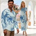 thumbnail image 2 of Chririnla Couple Hawaii Luau Party Outfit Peacock Feather Mesh Bodycon Dress for Women Sexy Pencil Maxi Sundress,Mens Polo Shirts,Long Dress and Shirts for Couple,Beach Vacation Matched Set, 2 of 6