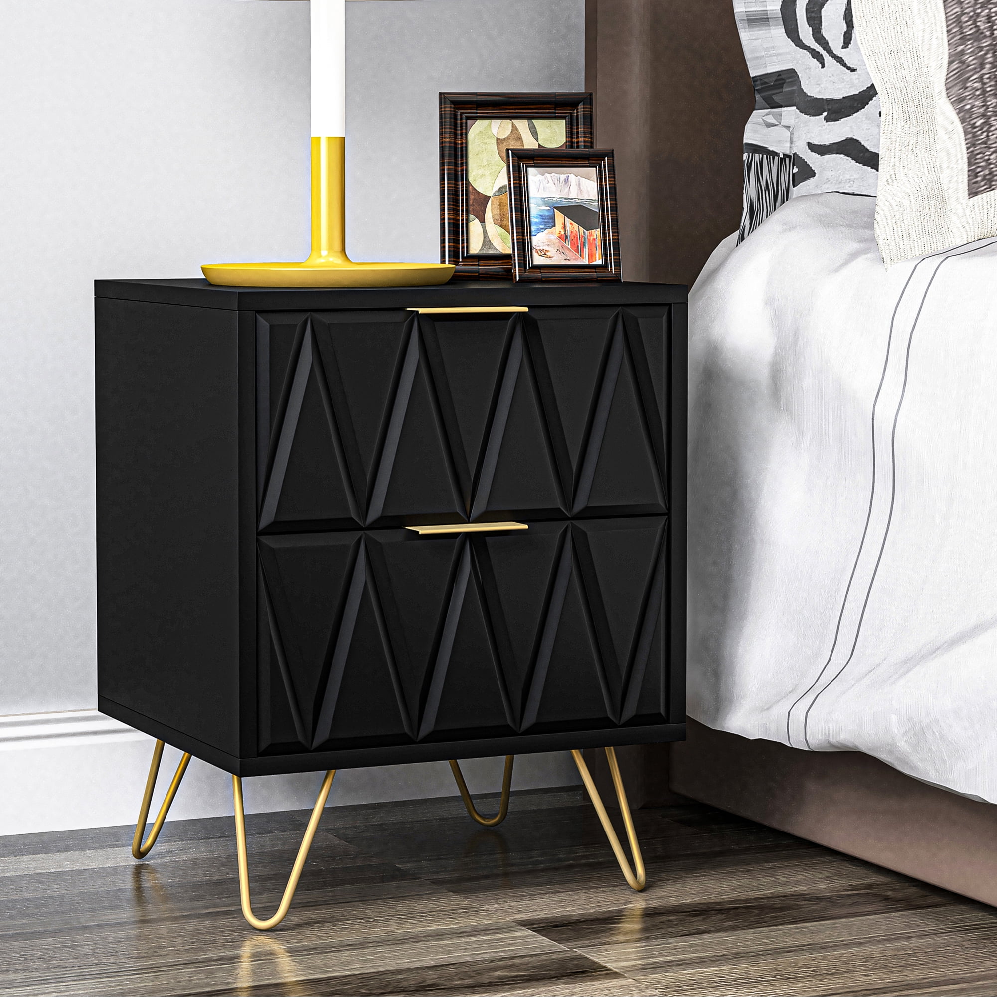 Resenkos 2-Piece Geometric Pattern Nightstands with Gold Hairpin Legs & Brass Handles, Modern Bedside Storage Cabinets for Bedroom, Black