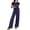 Navy, variant on Kovlvoll Women 2 Piece Outfits Summer Short Sleeve Hollow Top Wide Leg Drawstring Elastic Waist Pants Suits with Pocket