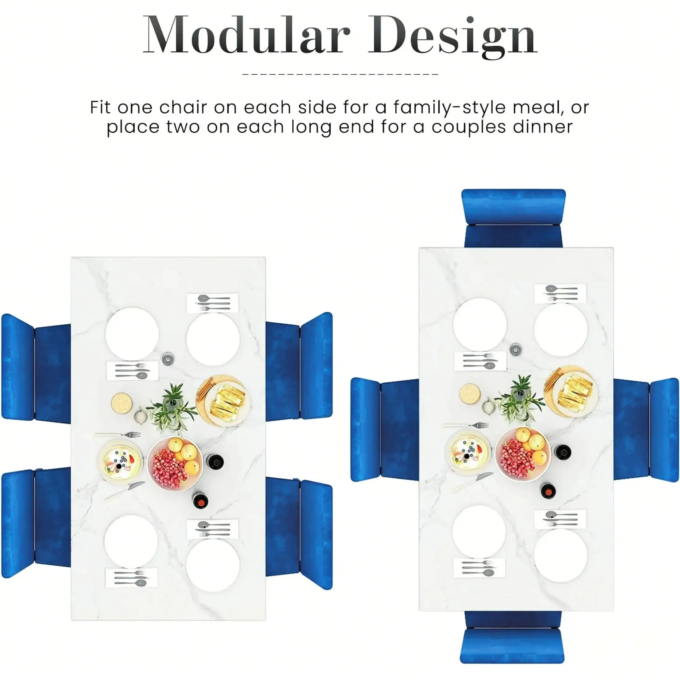 Dining Table Set for 4, Modern Marble Dine Table with 4 Velvet Chairs, Modern Kitchen Table Set for Home, Breakfast Nook, Cafeteria Dining Room, Blue