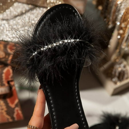 

Dpityserensio Summer New Style Daily Leisure One-line Rhinestone Plush Flat Slippers Women Summer Sandals for Women Dressy Black 9(42)