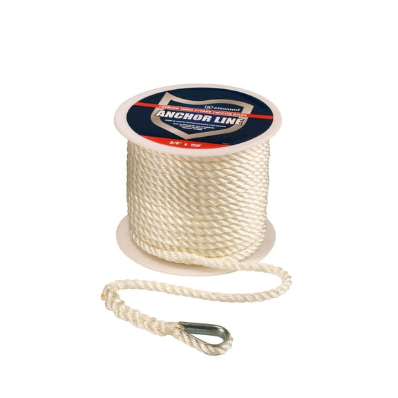 Attwood 11708-1 Premium 3-Strand Twisted Nylon Twisted Anchor Line with Thimble, White
