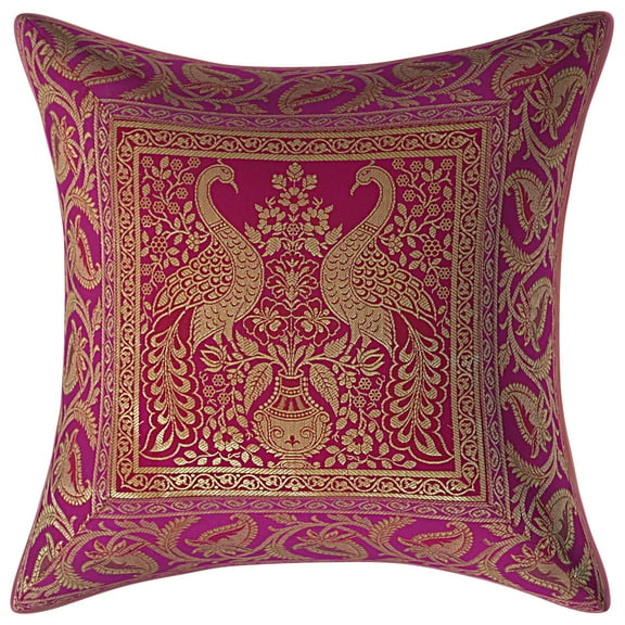 Stylo Culture Ethnic Living Room Brocade Magenta And Gold Throw Pillow Covers 16x16 Jacquard Weave Banarsi Decorative Pillow Case Peacock Floral 40x40 cm Cushion Covers (1 Pc)