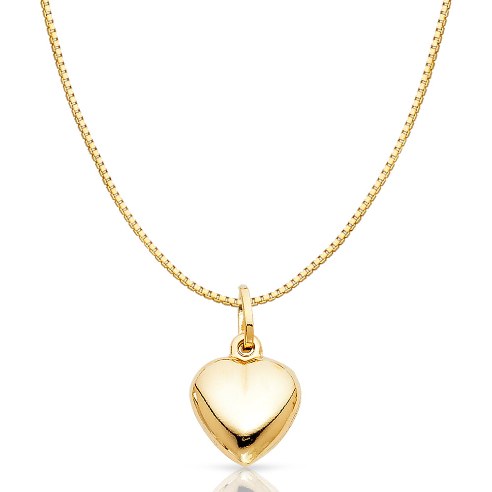 14K Yellow Gold Plain Heart Charm Pendant with 0.8mm Box Chain Necklace 