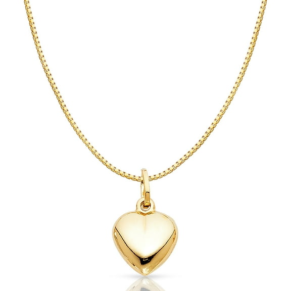 14K Yellow Solid Gold Plain Heart Charm Pendant with 1mm Box Chain Necklace