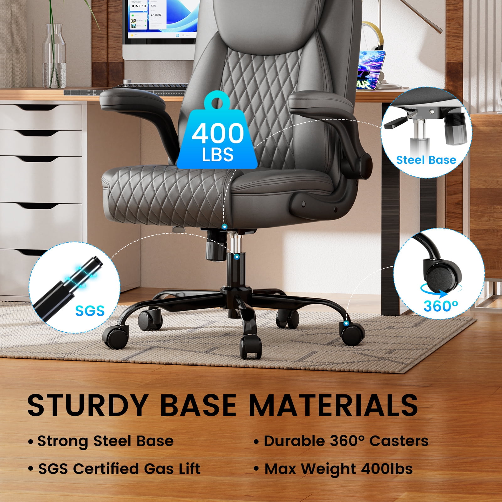 GTRACING Office Chair, 400LBS Big and Tall Home Office Chair Wide Seat Ergonomic Computer Desk Chair with Flip-up Arms, Gray