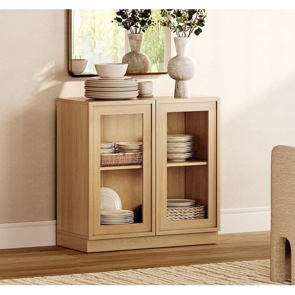 31.5" Modern Sideboard Buffet Cabinet with 2 Glass Doors, Multifunctional Sideboard with Large Storage and Adjustable Shelf, Oak