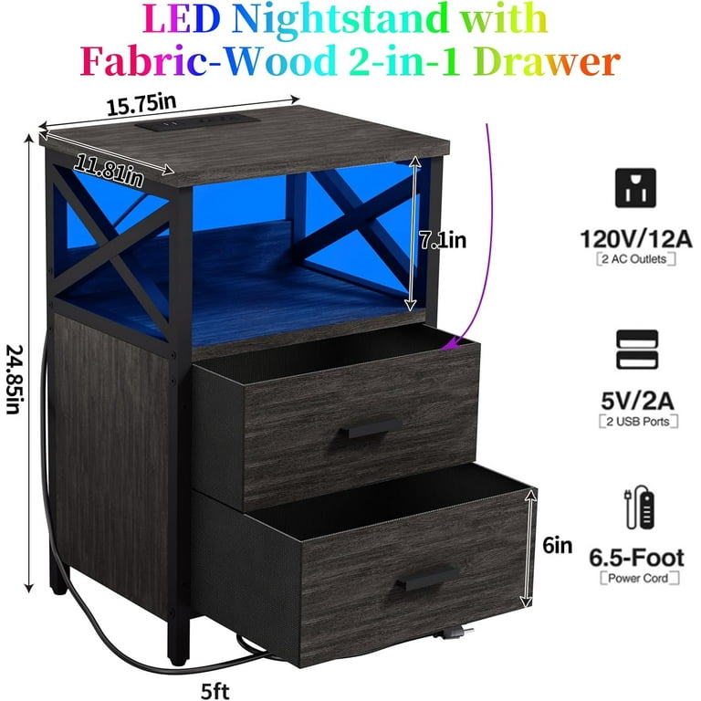Smart Nightstand With Charging Station, USB Ports, LED Lights & Speaker - 2 Drawer Bedside Table (Dark Gray, Large)