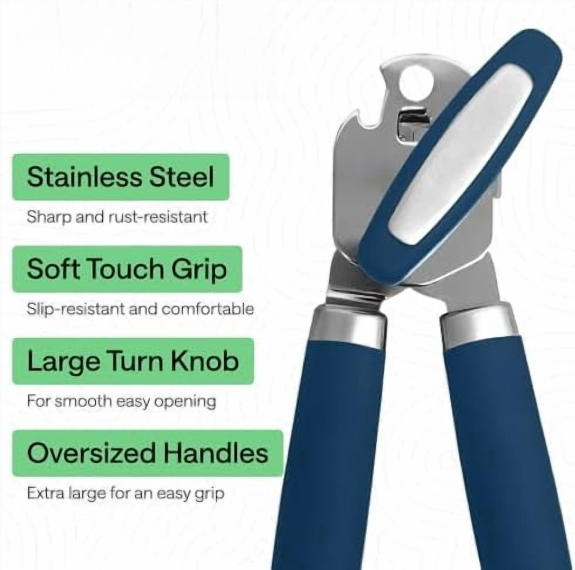 Heavy Duty Stainless Steel Smooth Edge Manual Can Opener and Bottle Openers, Soft Comfortable Handle, Oversized Handheld Turn Knob, US Designed Multifunctional Kitchen Tool, Blue