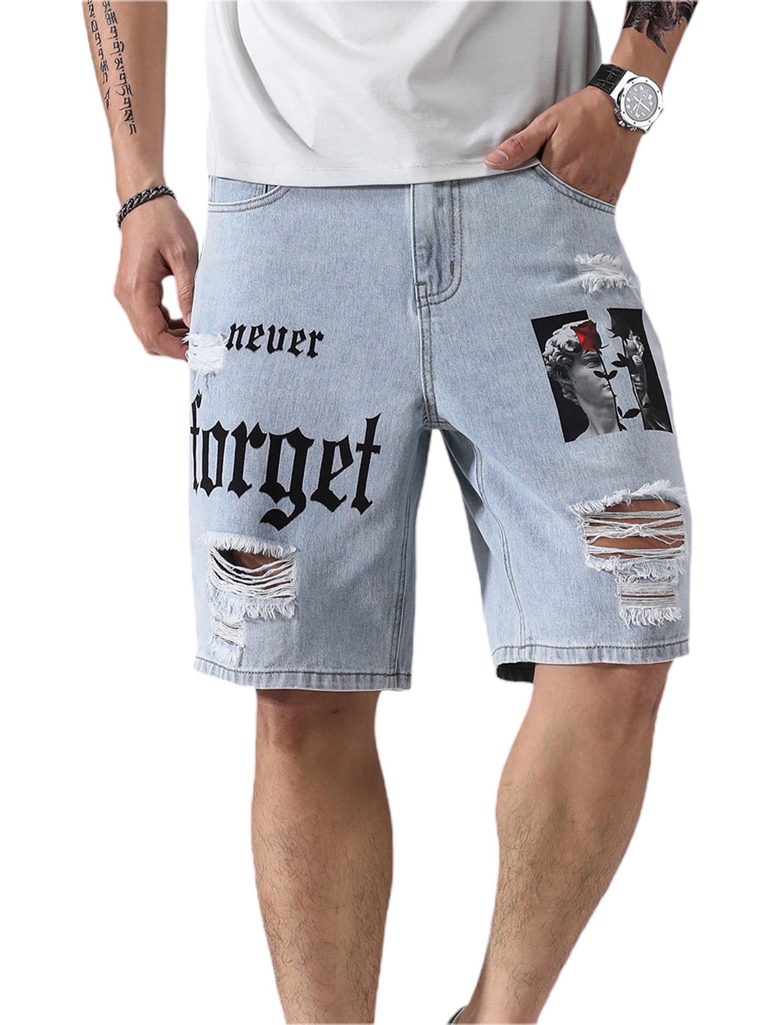 OKilr Pjik Men's Summer Casual Mid Rise Regular Distressed Denim Shorts Retro Ripped Stretchy Jeans Shorts 