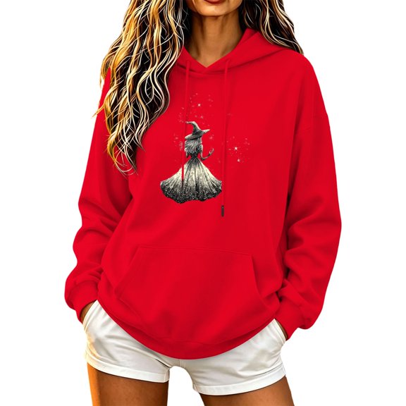 Juebong fashion Women's Graphic Halloween Hoodie Vintage Distressed Dark Tone Witch Printed Sweatshirt Solid Color Long Sleeve Hooded Pullover with Kangaroo Pocket Loose Fit Casual Fall Outwear