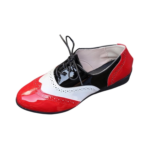 Womens Oxford Shoes Retro Colorblock Brogue Flats, Comfortable Lace-Up Walking Shoes for Women, Red White Black Vintage Style Breathable Casual Shoes,Size 5.5