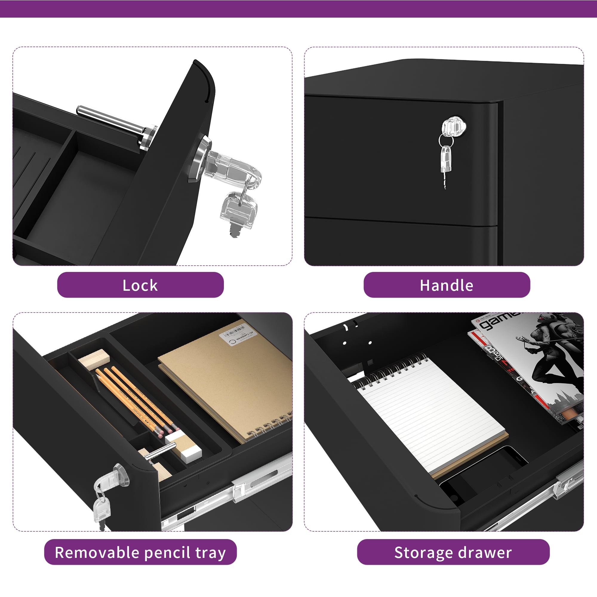 Dextrus 3-Drawer Metal Office Filing Cabinet - Compact & Portable File Storage with Lock and Keys for A4, Letter & Legal Documents, Sleek Black Finish