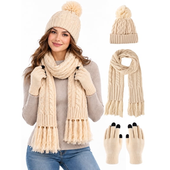 COOPLUS Womens Winter Beanie Hat Scarf Gloves Set Warm Lined Cap Long Neck Scarf Touchscreen Gloves Set for Winter Gift