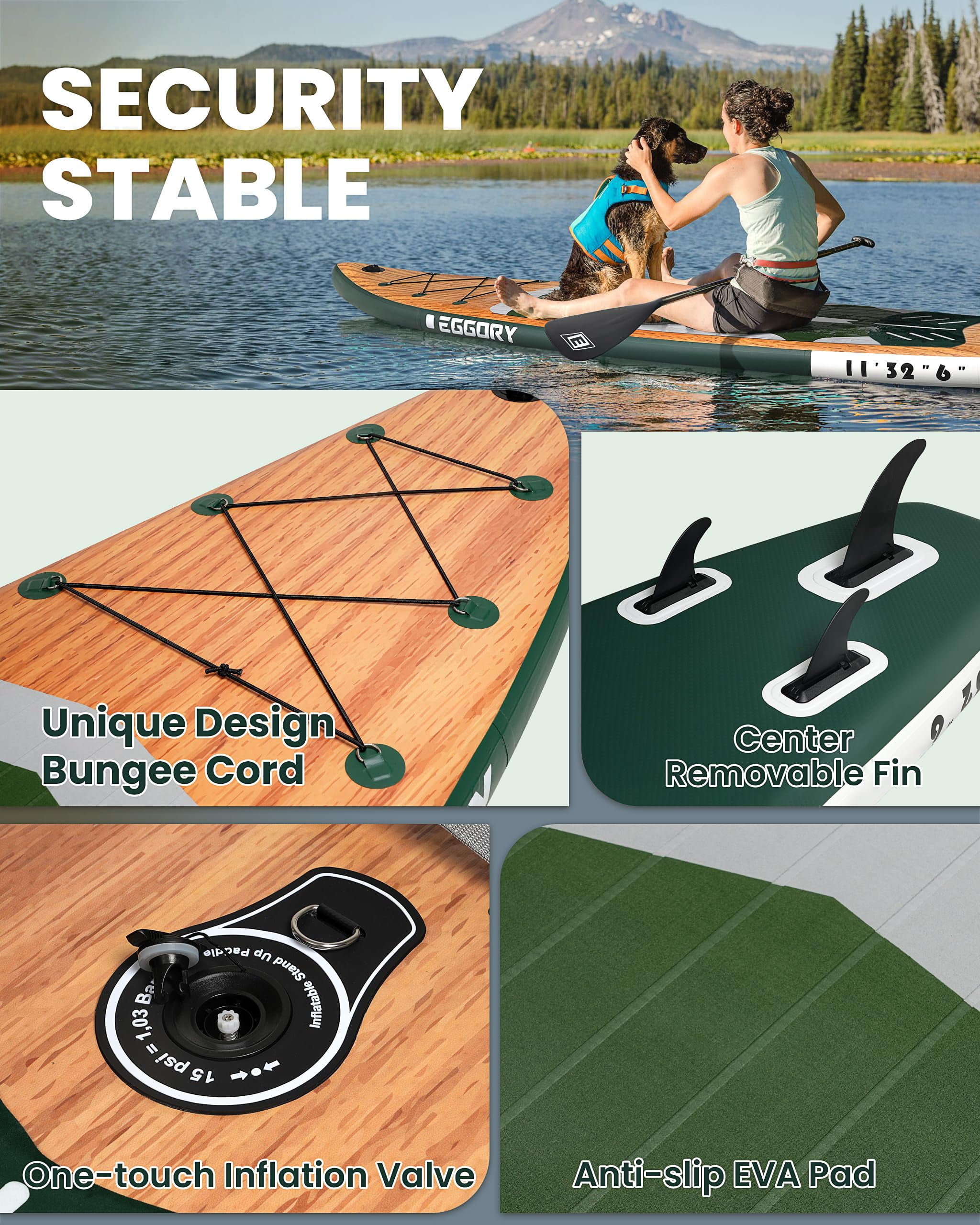 EGGORY 11 ft Inflatable Stand Up Paddle Boards Inflatable Paddle Boards with SUP Accessories Wide Stable Design Anti-Slip EVA Deck for Youth & Adults