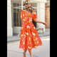 thumbnail image 3 of Vestido Floral con Escote en V para Mujer, Verano 2025, Moderno, Bohemio, Plisado, con Mangas Abullonadas. Color Naranja XXL, 3 of 5
