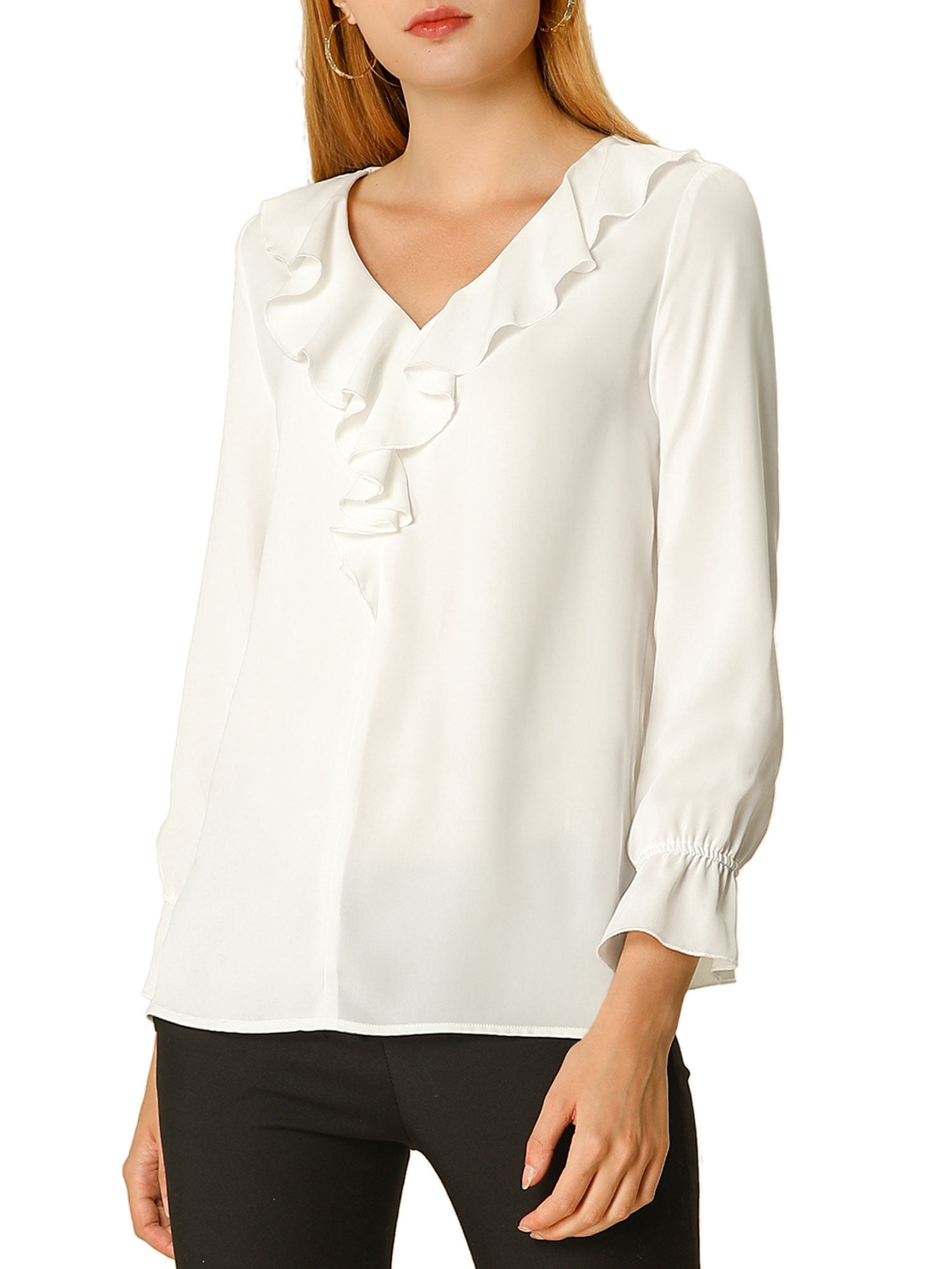 DARING DIVA Women's Ruffle V Neck Chiffon Peasant Blouse L White