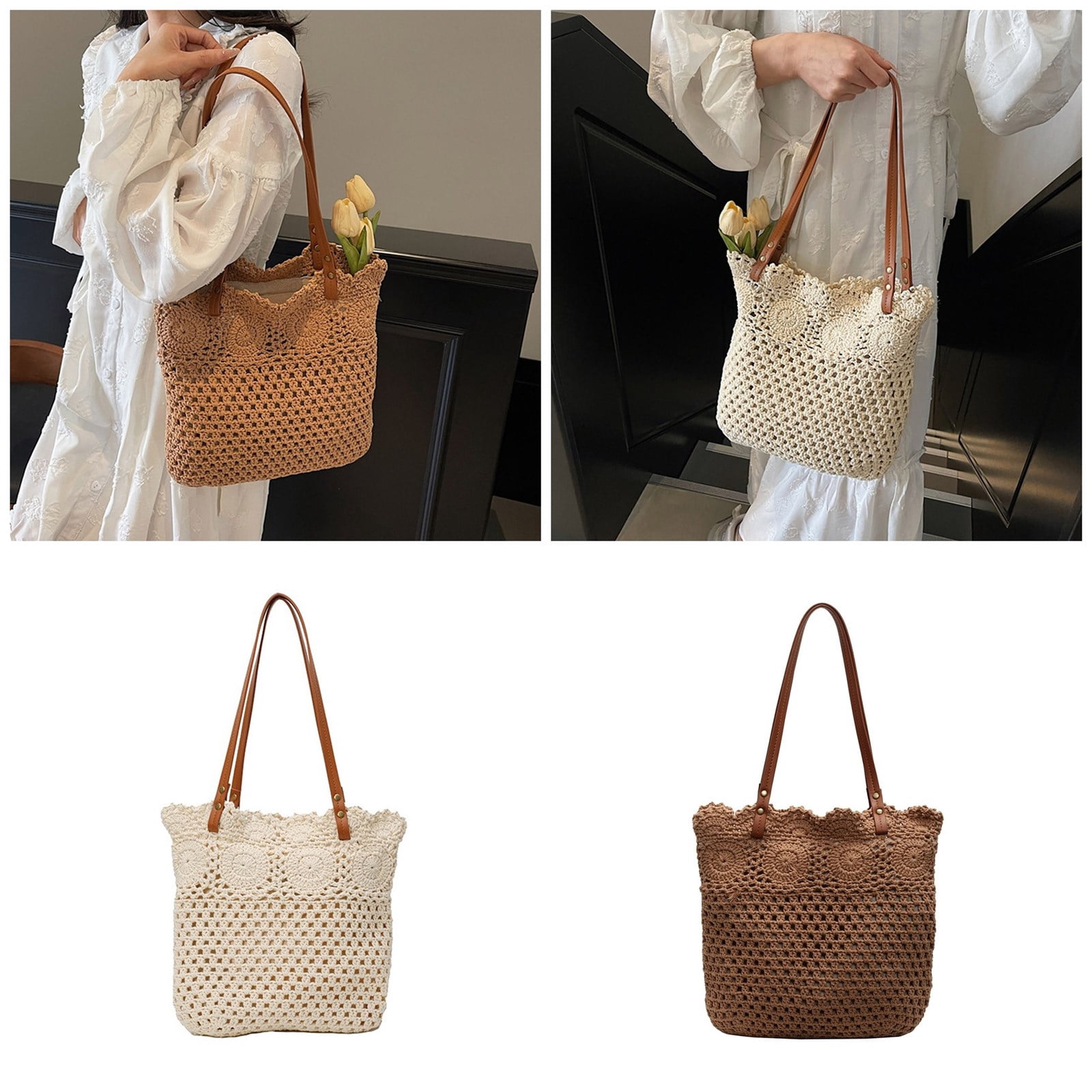Fashionable Large Capacity Crochet Beach Bag For Women Cotton Hollow Design Shoulder Bags Handbag For Vacation